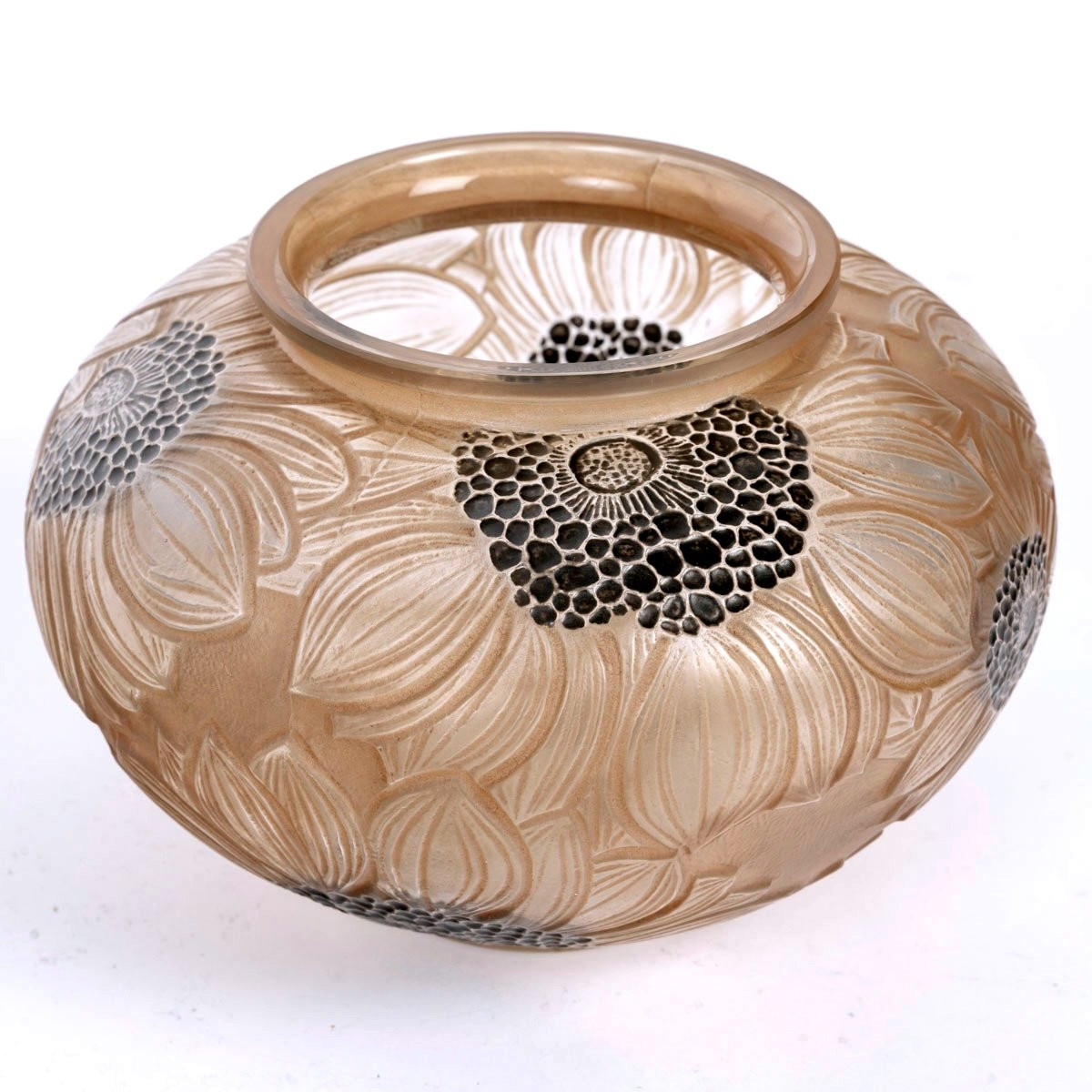 1923 René Lalique - Vase Dahlias Glass With Black Enamel And Sepia Patina-photo-4