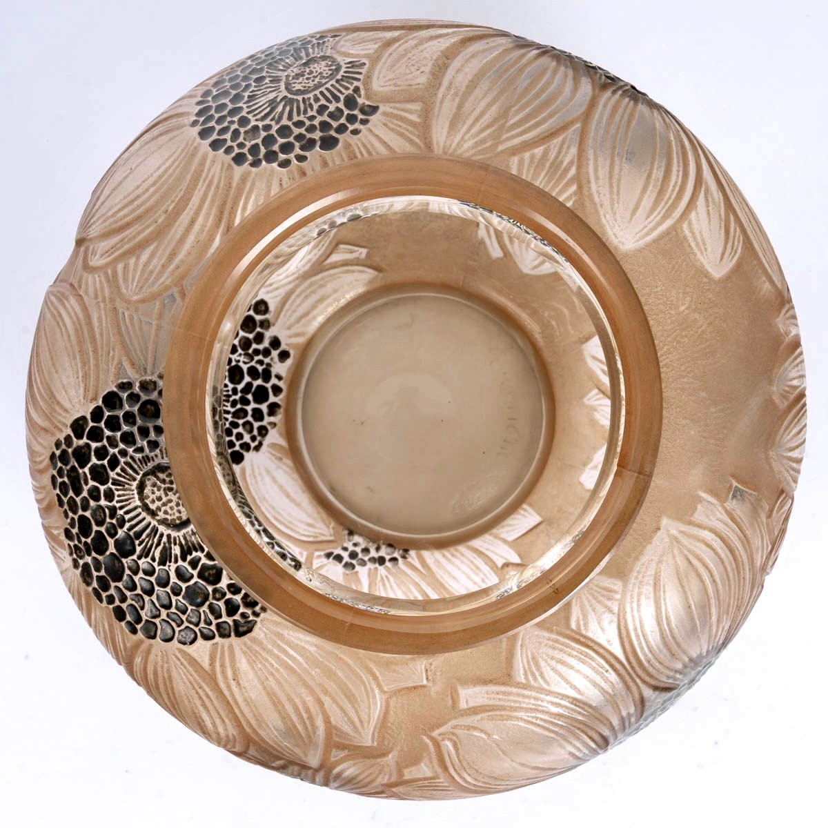 1923 René Lalique - Vase Dahlias Glass With Black Enamel And Sepia Patina-photo-1