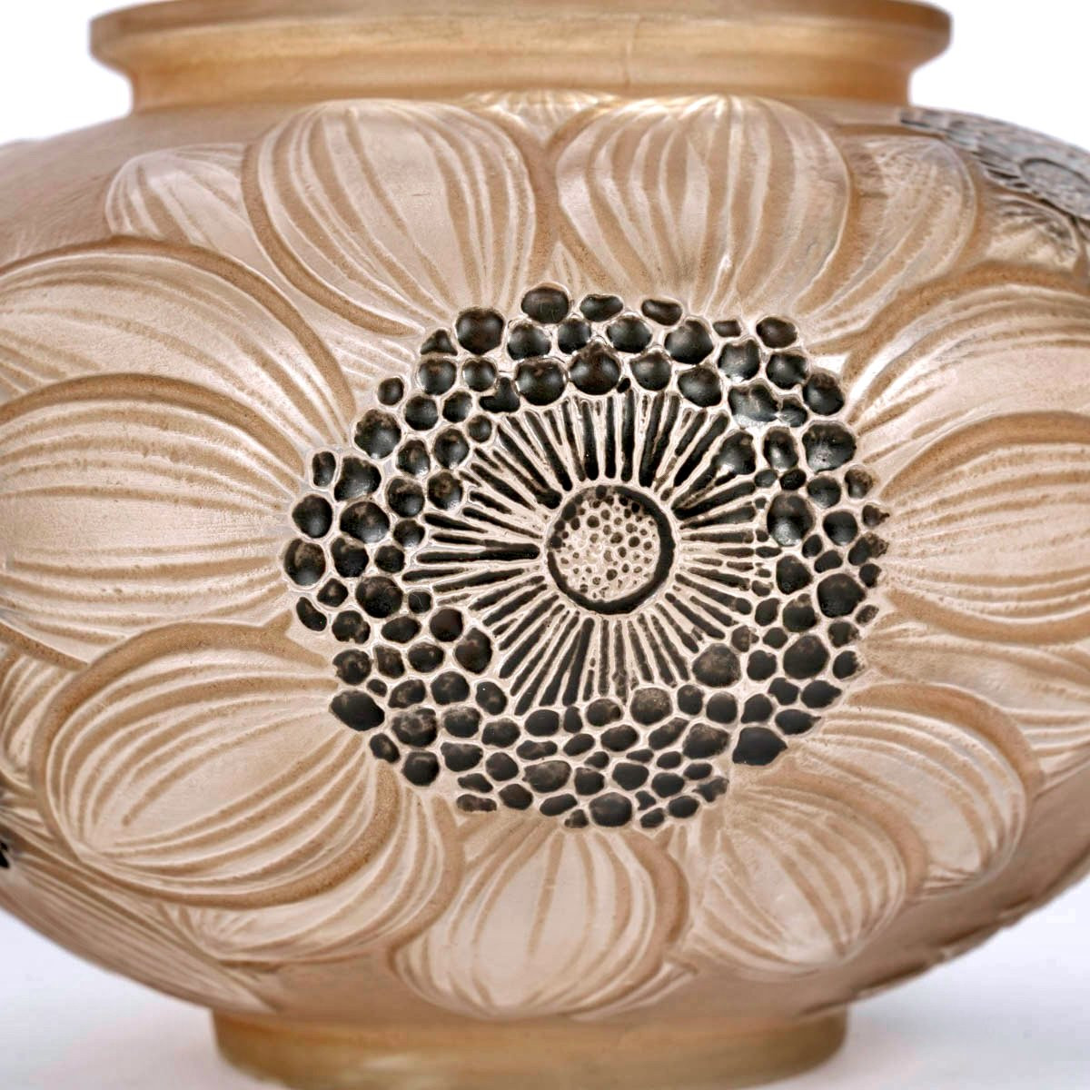 1923 René Lalique - Vase Dahlias Glass With Black Enamel And Sepia Patina-photo-2
