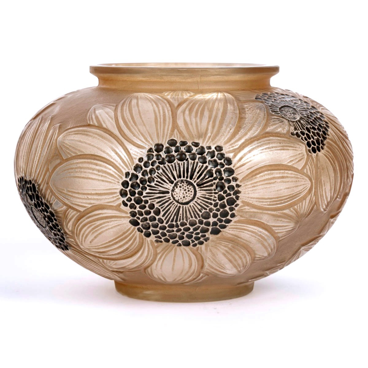 1923 René Lalique - Vase Dahlias Glass With Black Enamel And Sepia Patina
