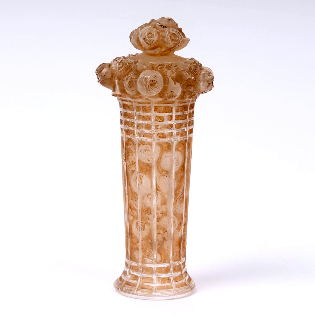 1912 René Lalique - Flacon Panier de Roses Verre Blanc Patiné Sépia-photo-3