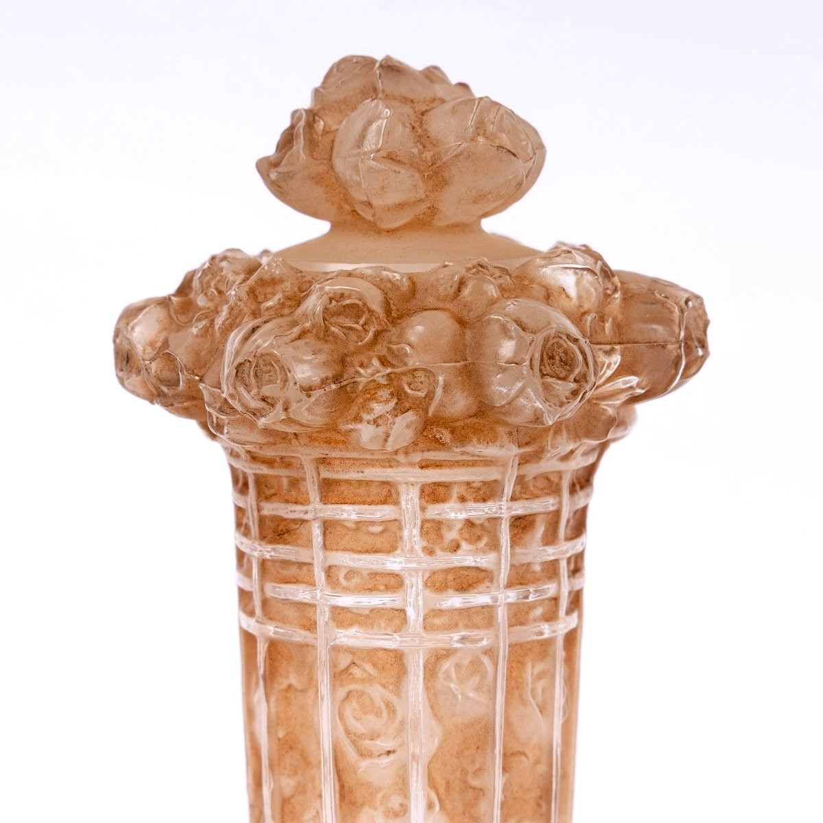1912 René Lalique - Flacon Panier de Roses Verre Blanc Patiné Sépia-photo-1