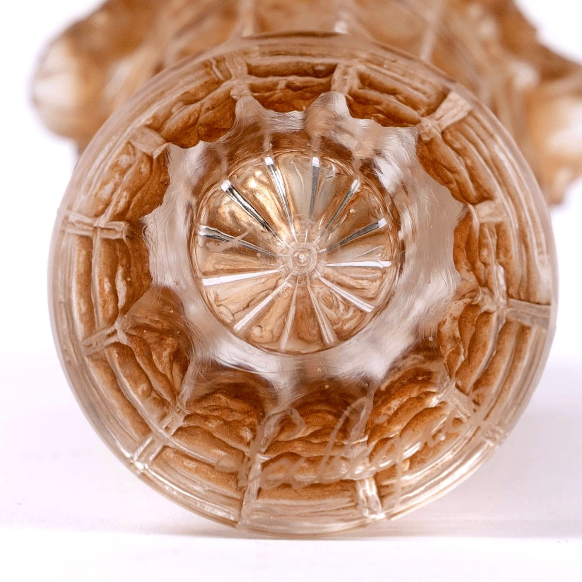 1912 René Lalique - Flacon Panier de Roses Verre Blanc Patiné Sépia-photo-2