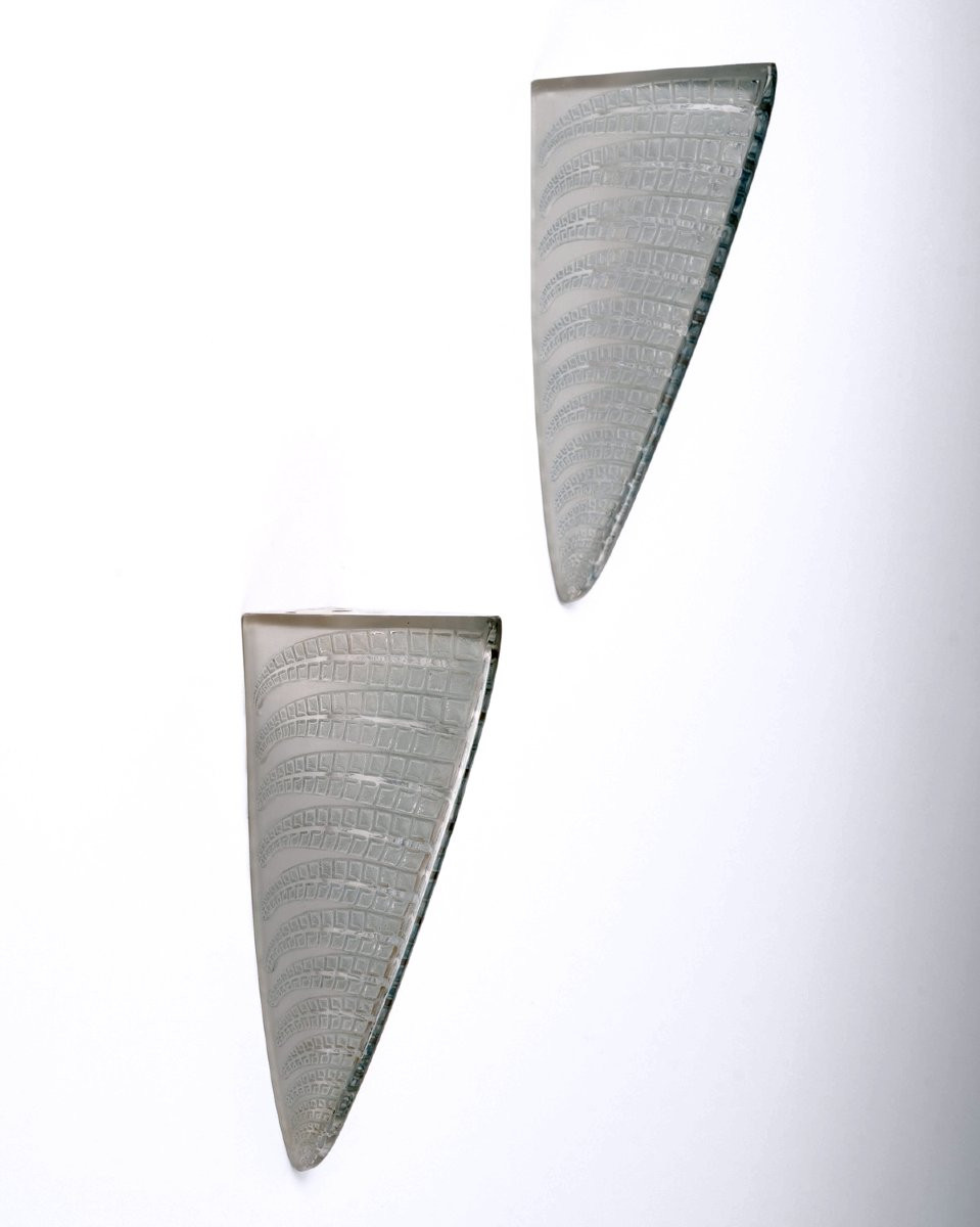 1924 René Lalique - Paire d'Appliques Fougères Verre Blanc Patiné Bleu-photo-2