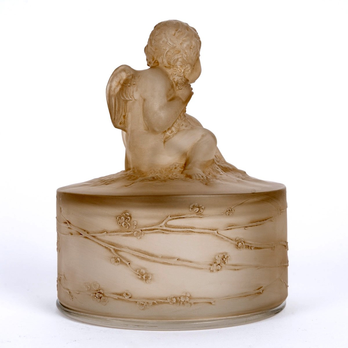 1919 René Lalique - Boîte Amour Assis Verre Blanc Patiné Sépia-photo-2