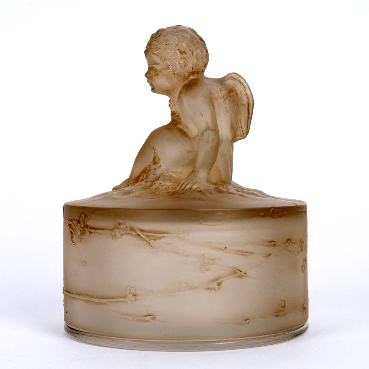 1919 René Lalique - Boîte Amour Assis Verre Blanc Patiné Sépia-photo-4