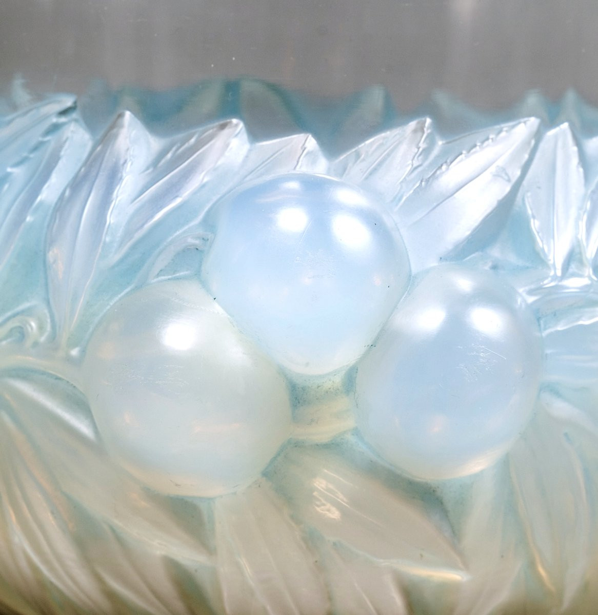1930 René Lalique - Vase Prunes Verre Opalescent Patiné Bleu-photo-1