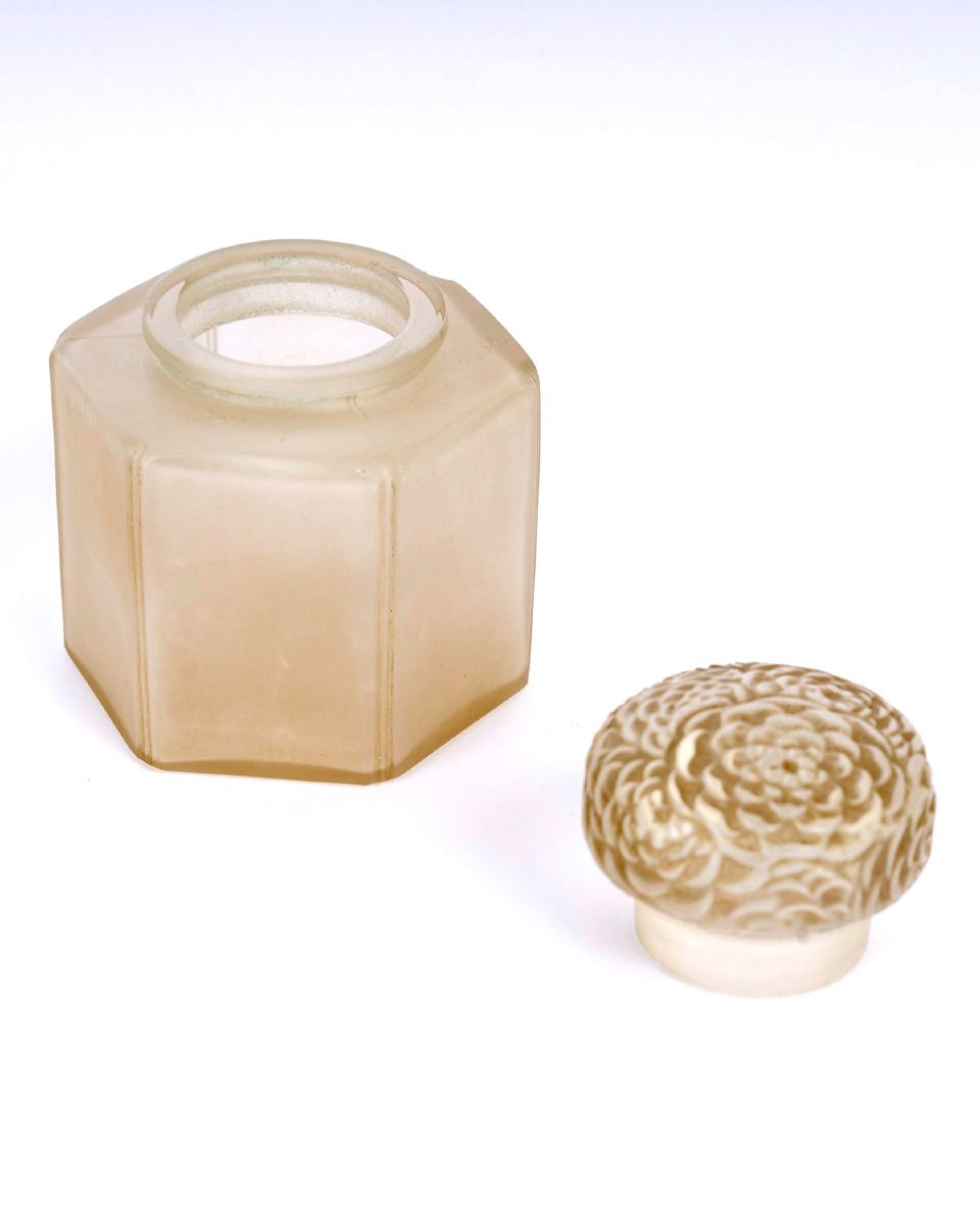 1913 René Lalique - Boîte Pot à Crème Chrysanthème Verre Blanc Patiné Sépia-photo-3