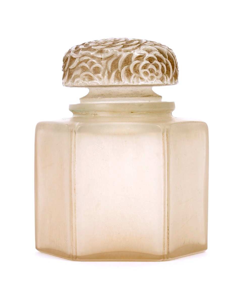 1913 René Lalique - Boîte Pot à Crème Chrysanthème Verre Blanc Patiné Sépia