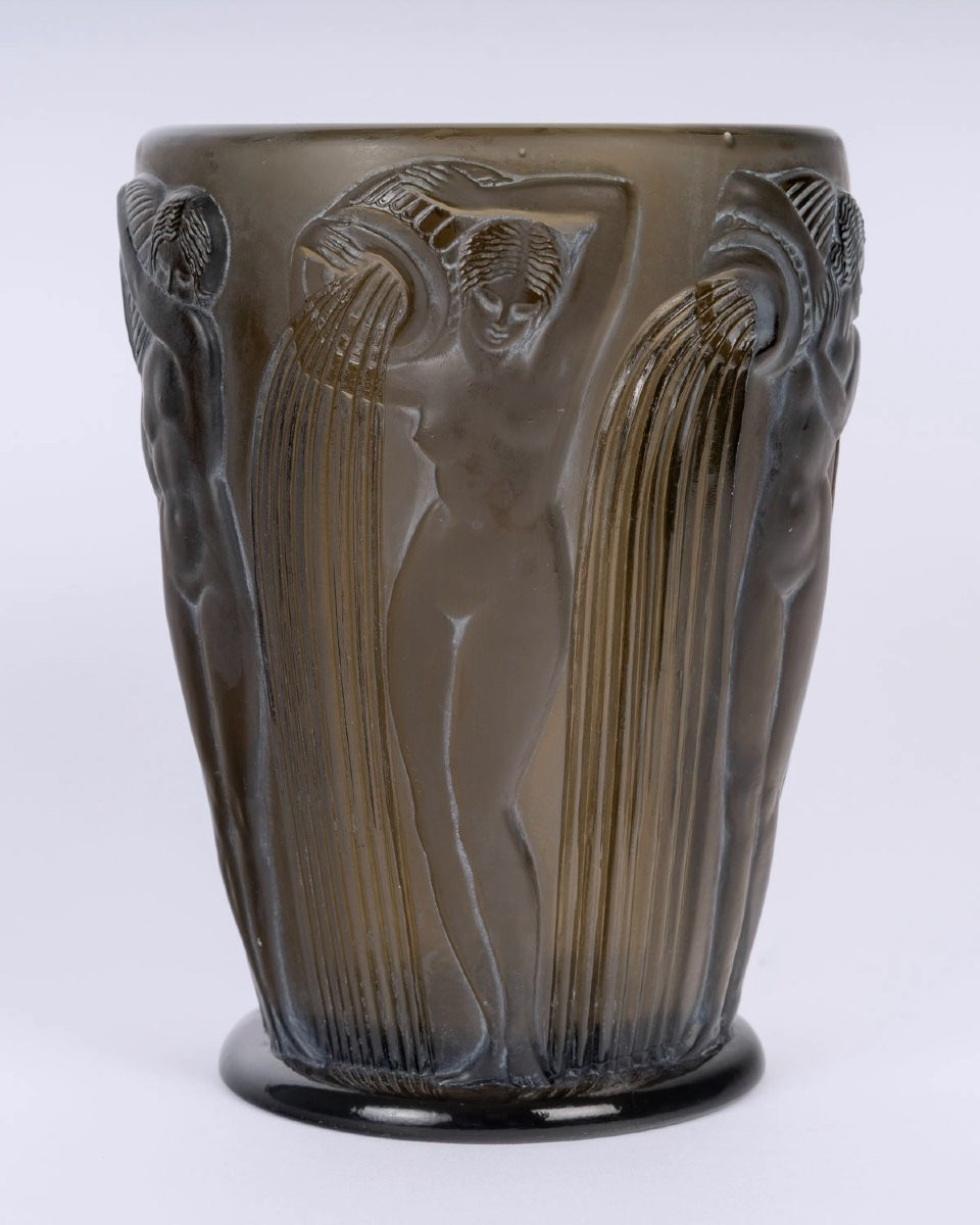 1926 René Lalique - Vase Danaides Smoked Topaz Glass With White Patina-photo-2