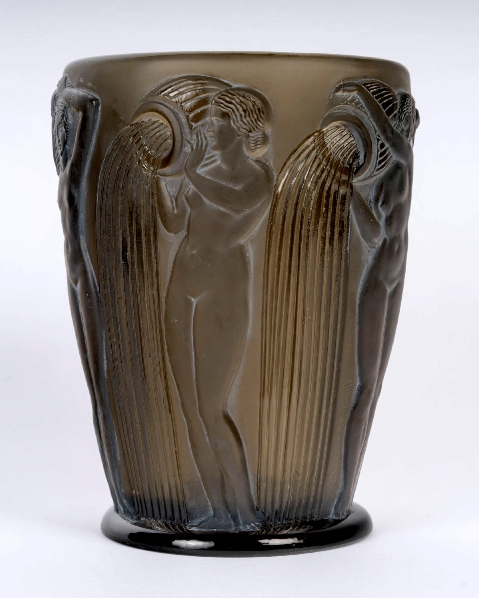 1926 René Lalique - Vase Danaides Smoked Topaz Glass With White Patina-photo-3