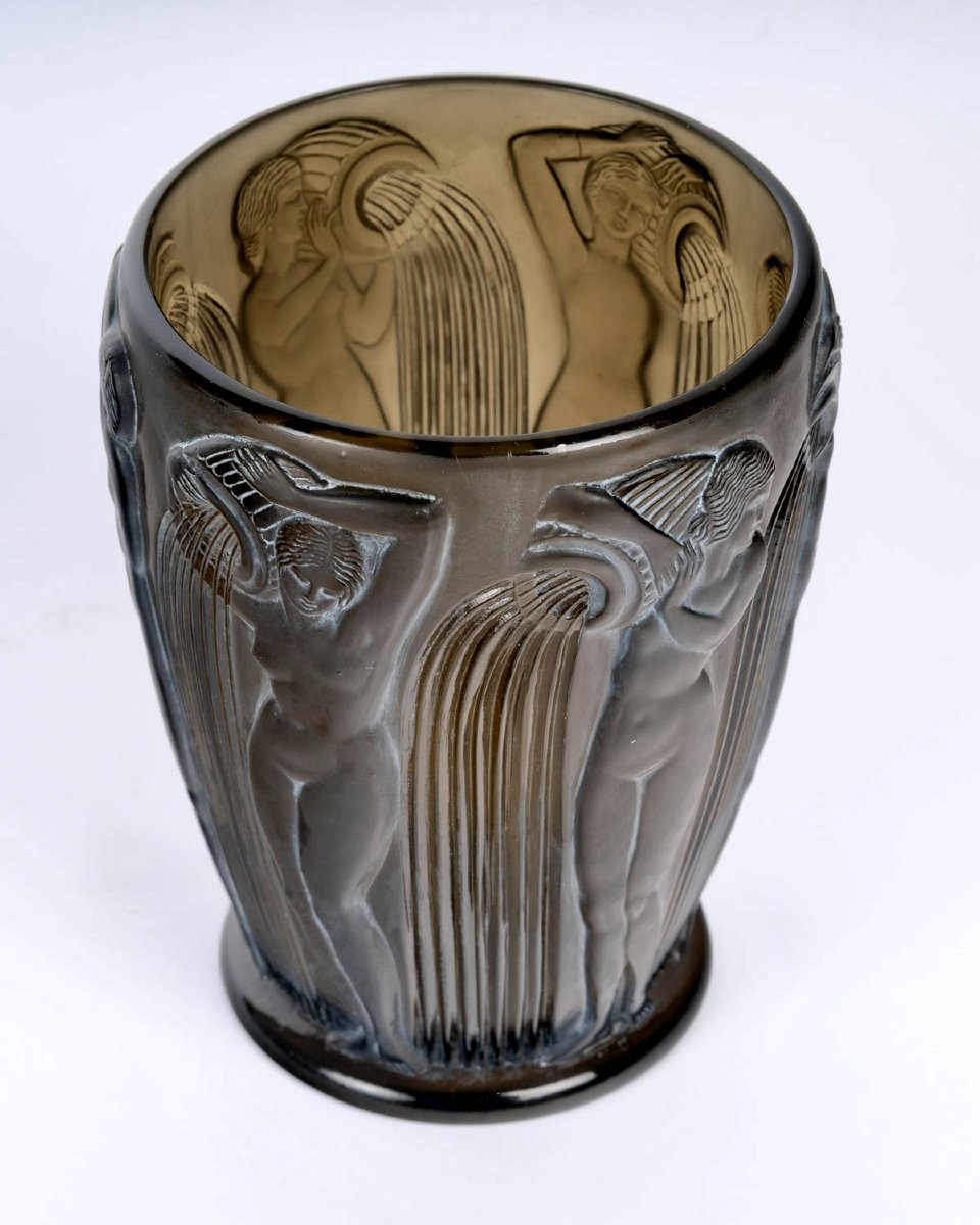 1926 René Lalique - Vase Danaides Smoked Topaz Glass With White Patina-photo-4