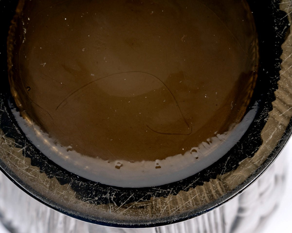 1926 René Lalique - Vase Danaides Smoked Topaz Glass With White Patina-photo-4