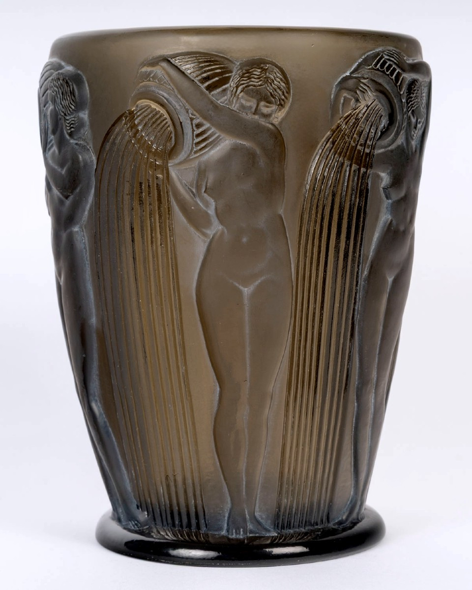 1926 René Lalique - Vase Danaides Smoked Topaz Glass With White Patina