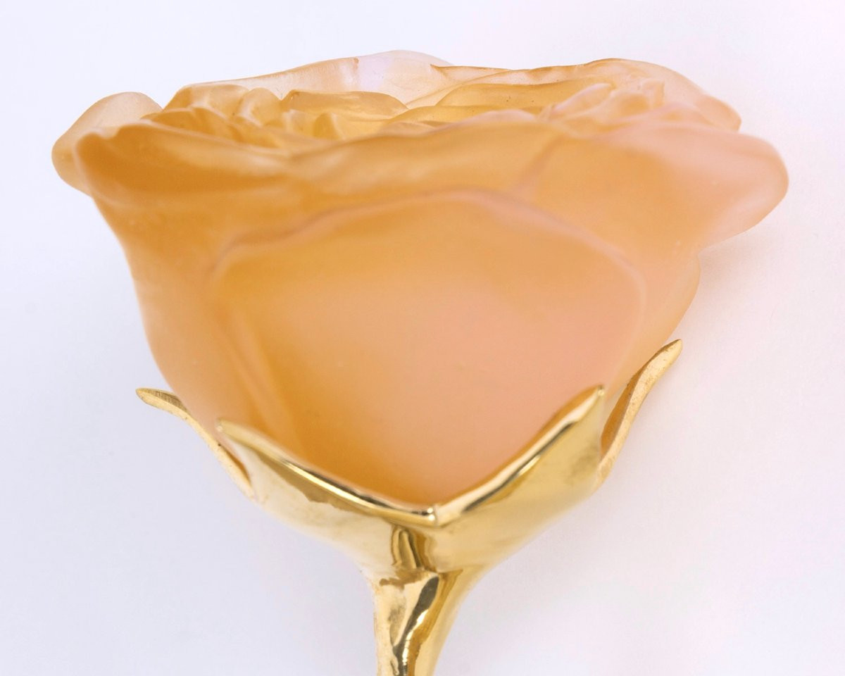 Daum France - Eternal Rose Orange Glass Pate De Verre And Gilt Bronze-photo-3