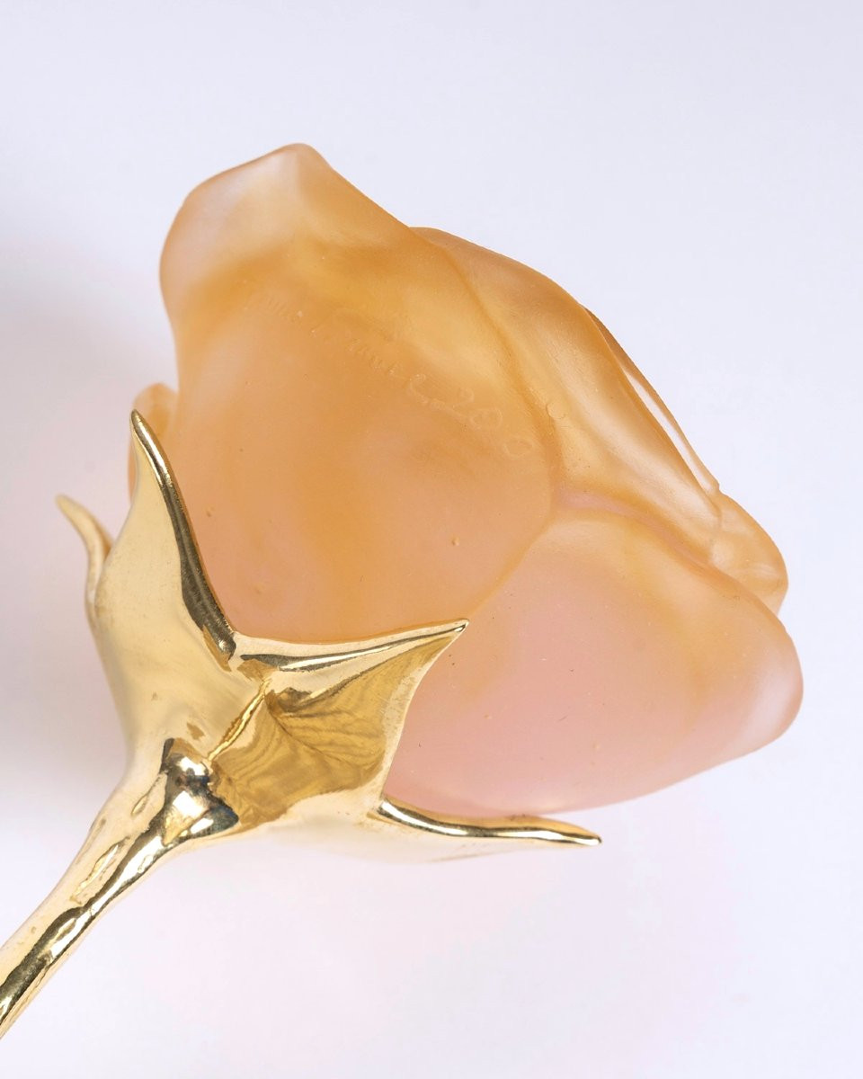 Daum France - Eternal Rose Orange Glass Pate De Verre And Gilt Bronze-photo-2