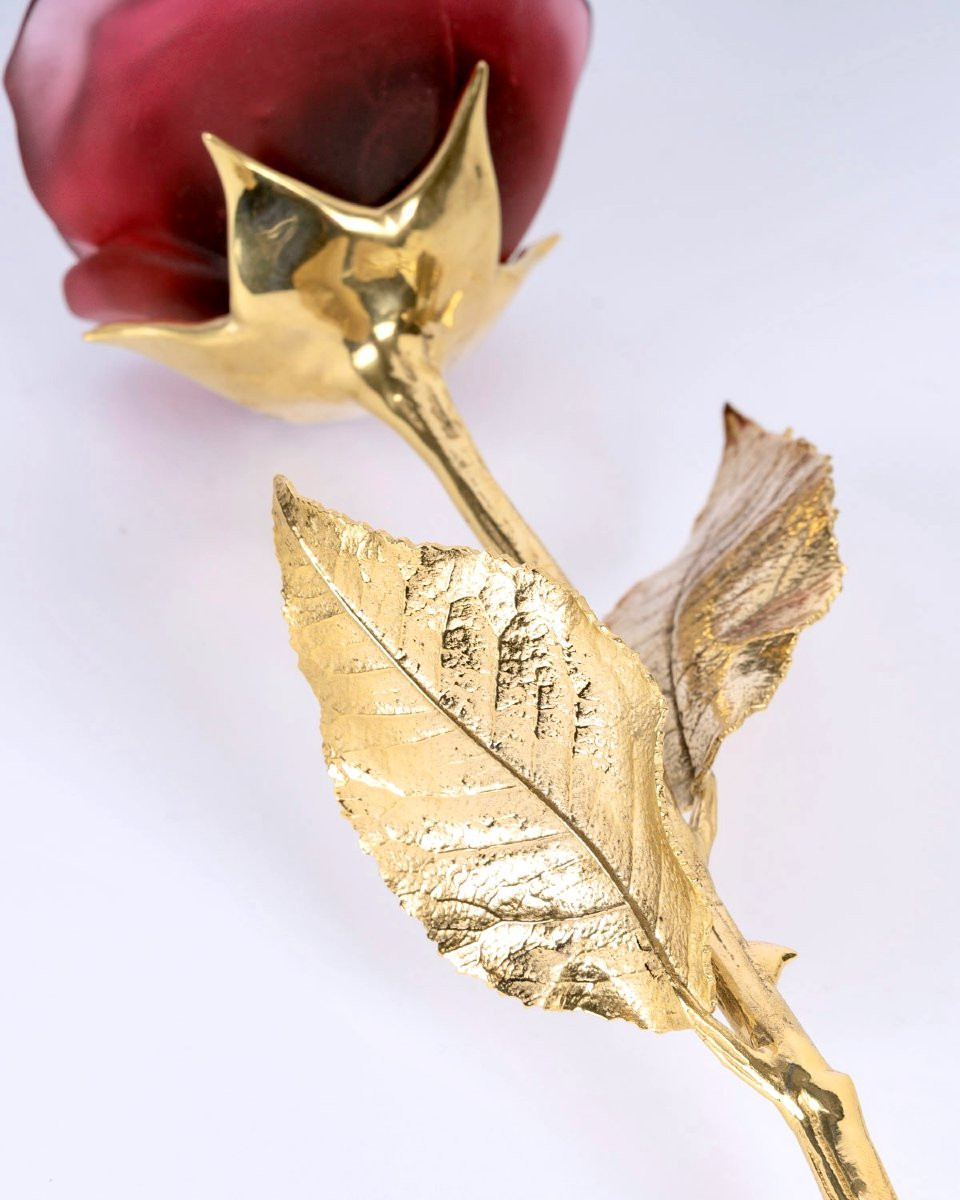 Daum France - Rose Eternelle Rouge Pâte de Verre et Bronze Doré-photo-1