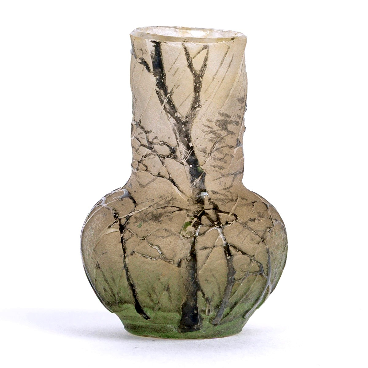 Daum Nancy - Miniature Vase Raining Landscape Acid-etched And Enameled Glass