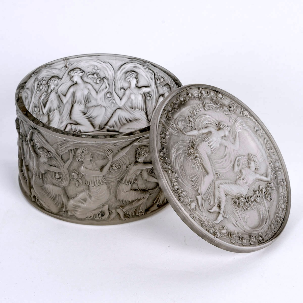 1929 René Lalique - Boîte Figurines et Voiles Verre Blanc Patiné Gris-photo-2