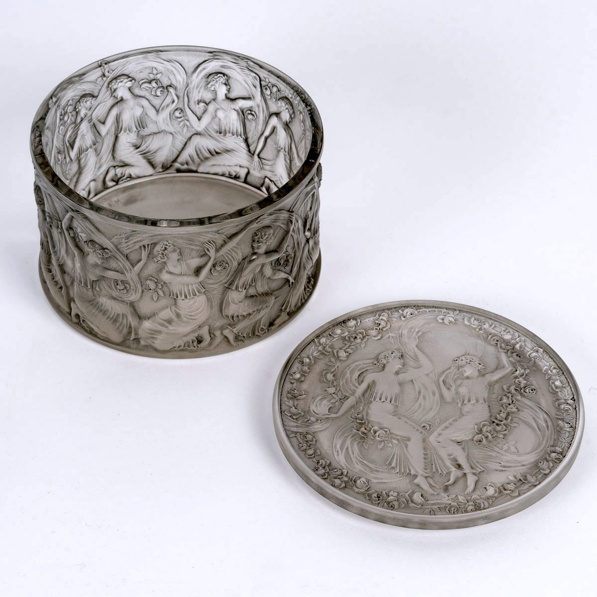1929 René Lalique - Boîte Figurines et Voiles Verre Blanc Patiné Gris-photo-3