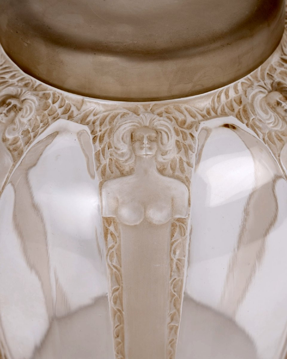 1920 René Lalique - Vase Couvert Cariatides Verre Blanc Patiné Sépia-photo-4