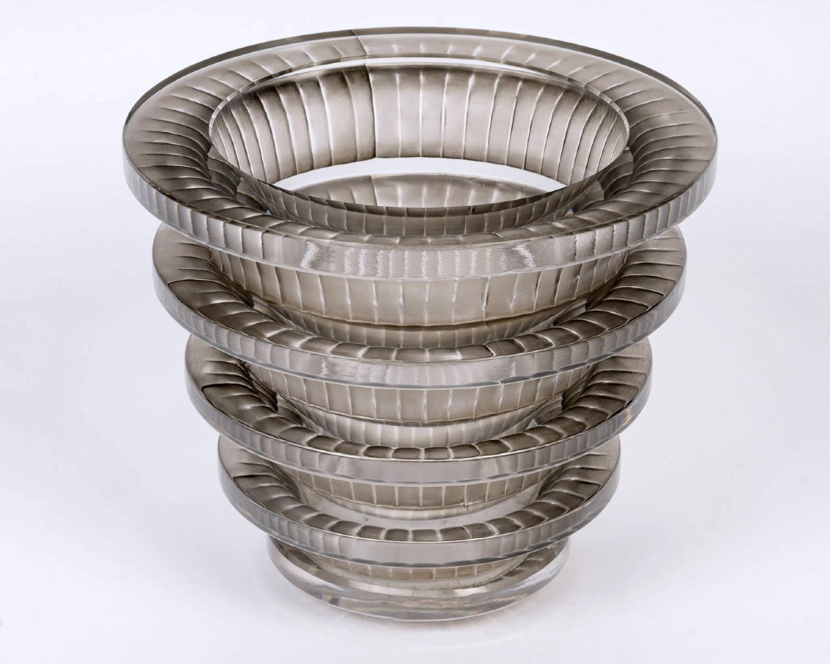 1950 Marc Lalique - Vase Chevreuse Cristal Blanc Patiné Gris-photo-2