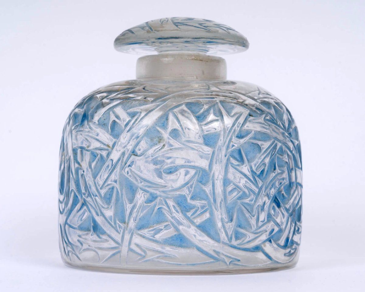 1920 René Lalique - Quatre Flacons Epines Verre Blanc Patiné Bleu-photo-2