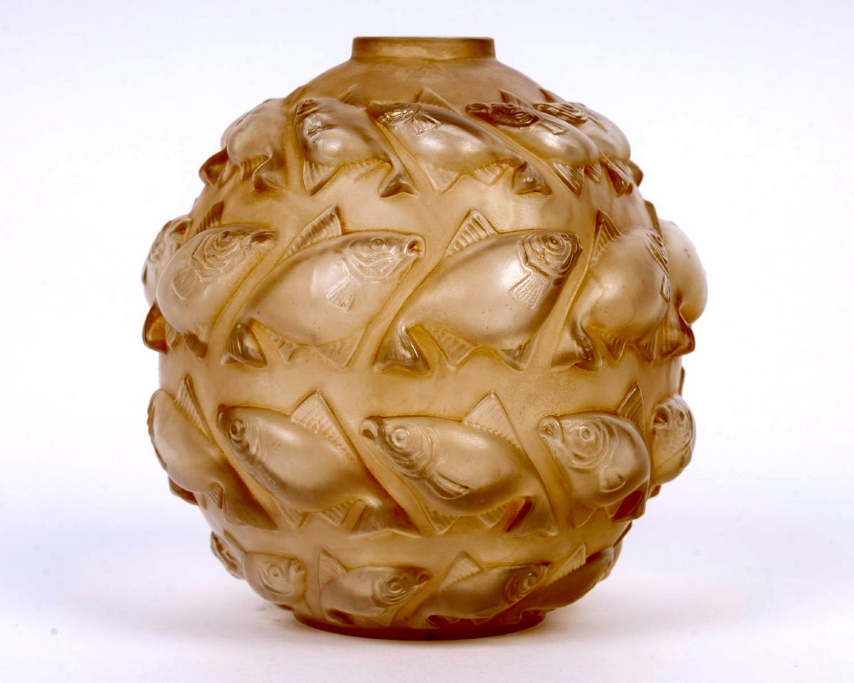 1928 René Lalique - Vase Camaret Verre Blanc Patiné Sépia-photo-2