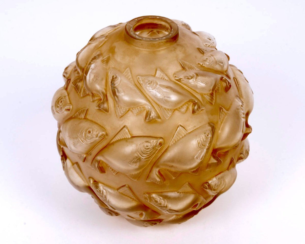 1928 René Lalique - Vase Camaret Verre Blanc Patiné Sépia-photo-3