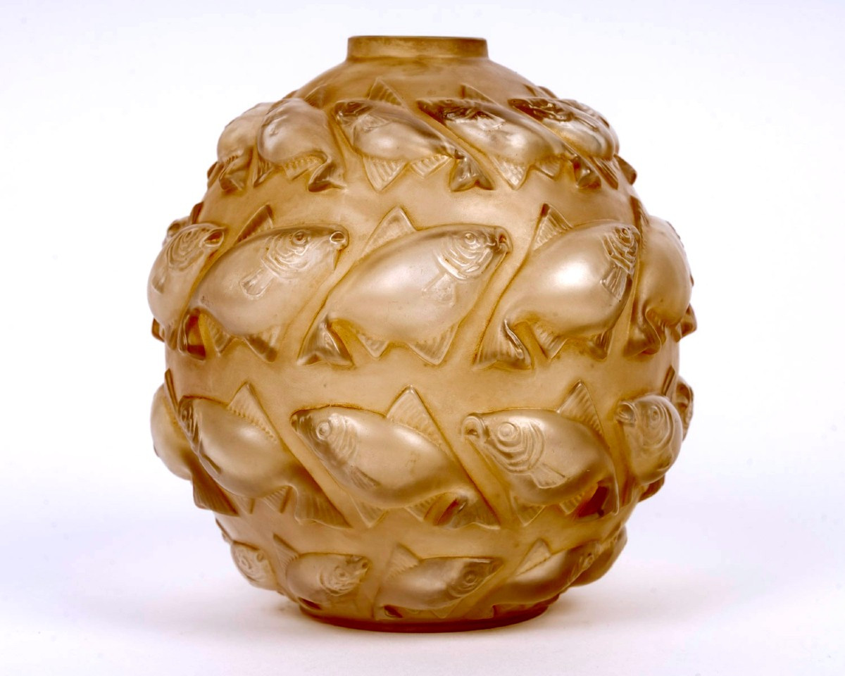 1928 René Lalique - Vase Camaret Verre Blanc Patiné Sépia