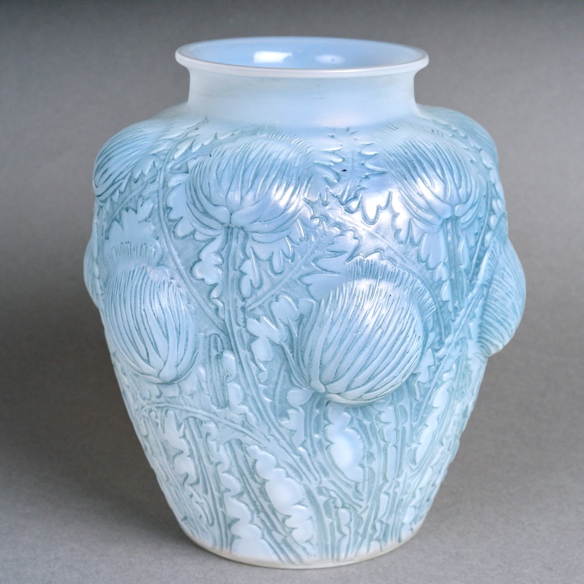 1926 René Lalique - Vase Domremy Thistles Opalescent Glass With Blue Patina-photo-2