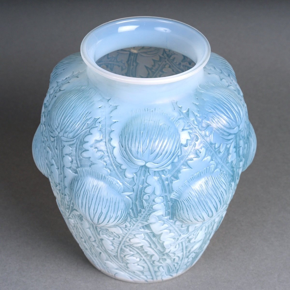 1926 René Lalique - Vase Domremy Thistles Opalescent Glass With Blue Patina-photo-3