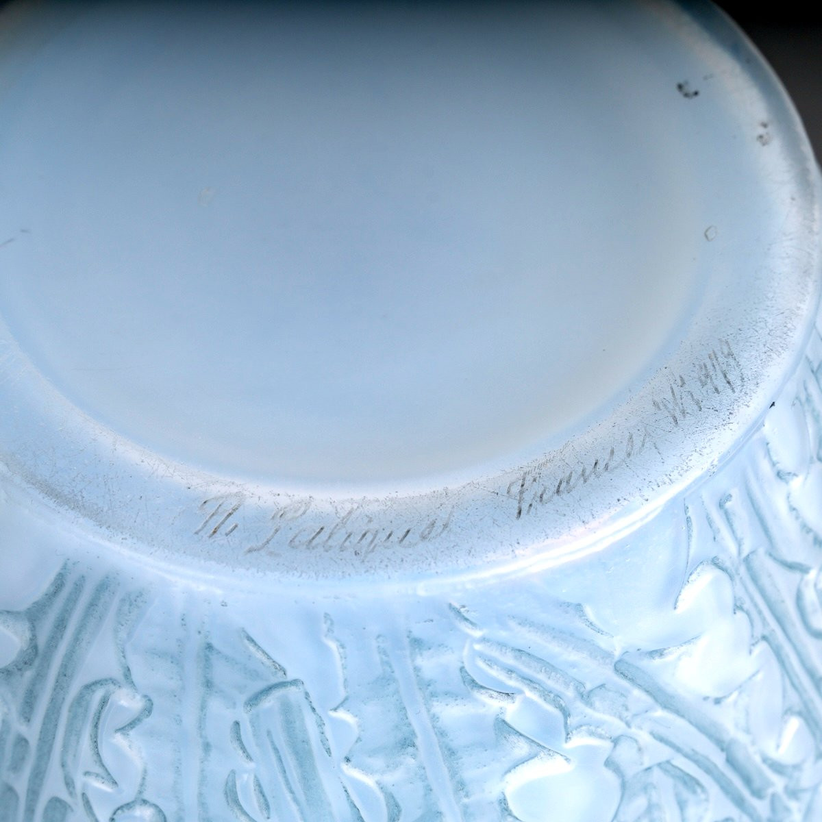1926 René Lalique - Vase Domremy Thistles Opalescent Glass With Blue Patina-photo-1
