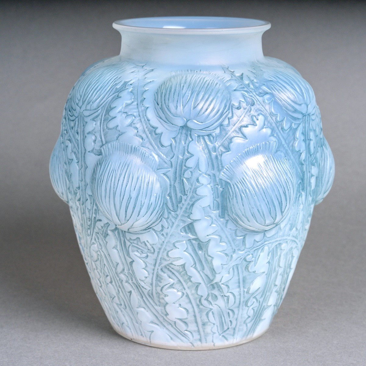 1926 René Lalique - Vase Domremy Thistles Opalescent Glass With Blue Patina