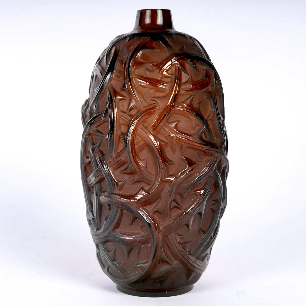 1921 René Lalique - Vase Ronces Verre Rouge Ambré