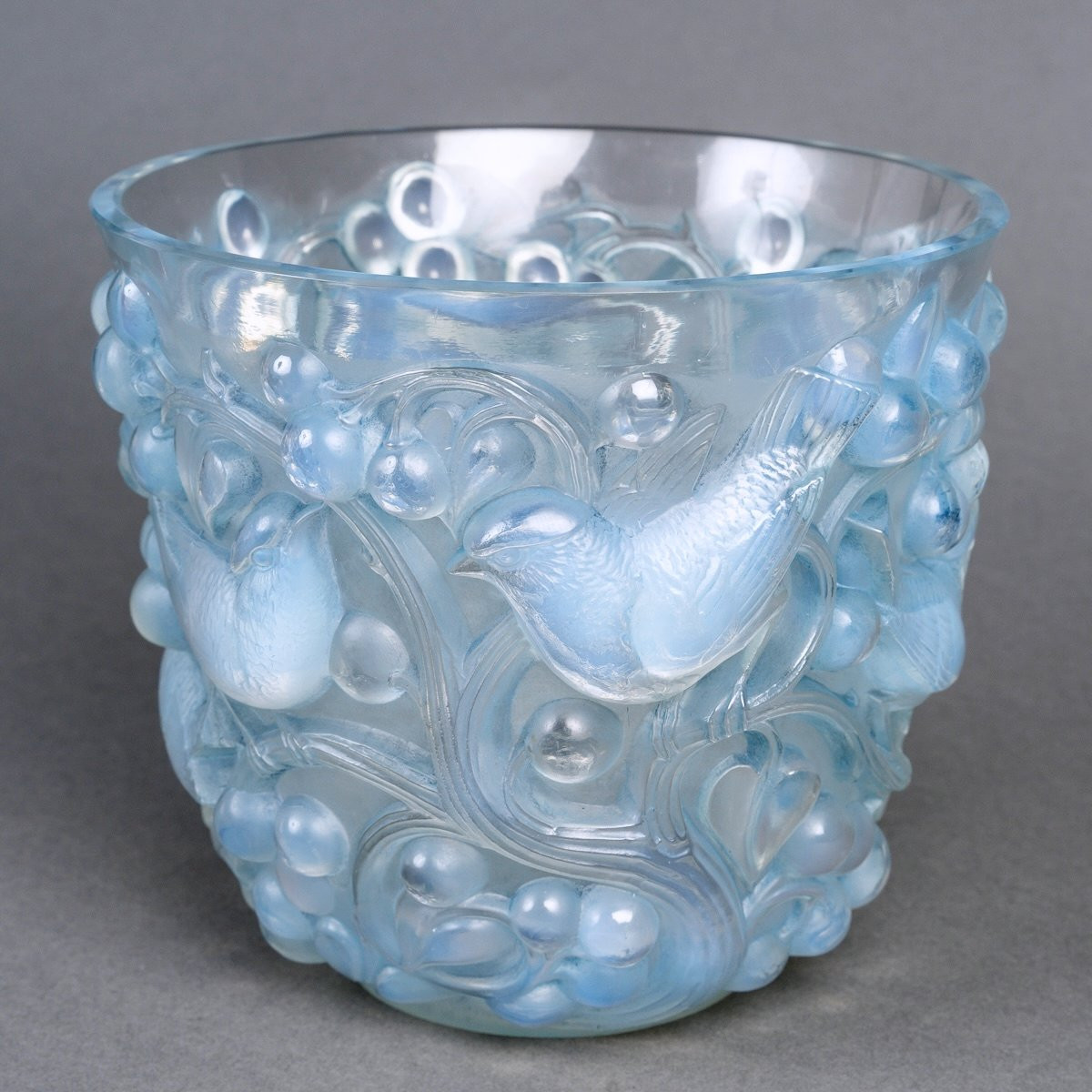 1927 René Lalique - Vase Avallon Verre Opalescent Patiné Bleu-photo-3