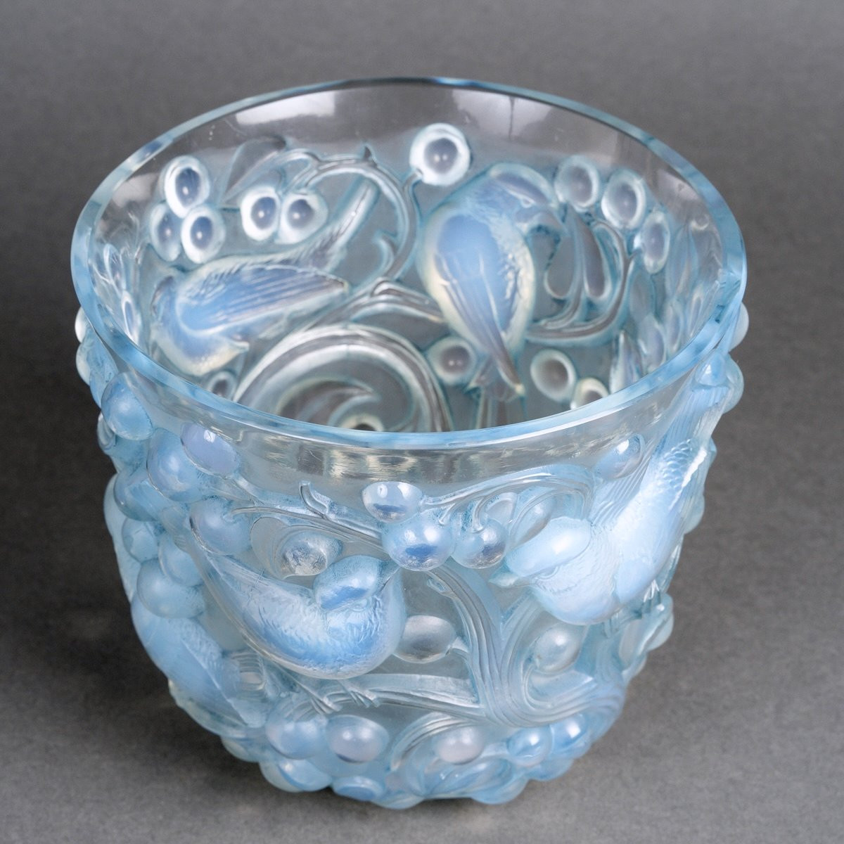 1927 René Lalique - Vase Avallon Verre Opalescent Patiné Bleu-photo-4