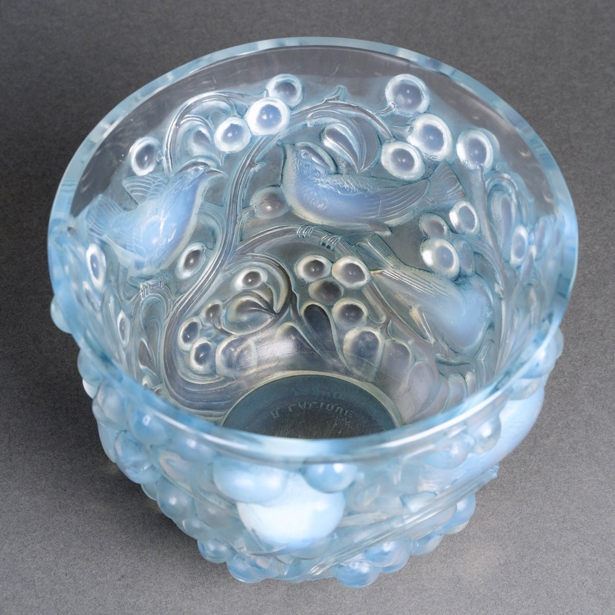 1927 René Lalique - Vase Avallon Verre Opalescent Patiné Bleu-photo-1