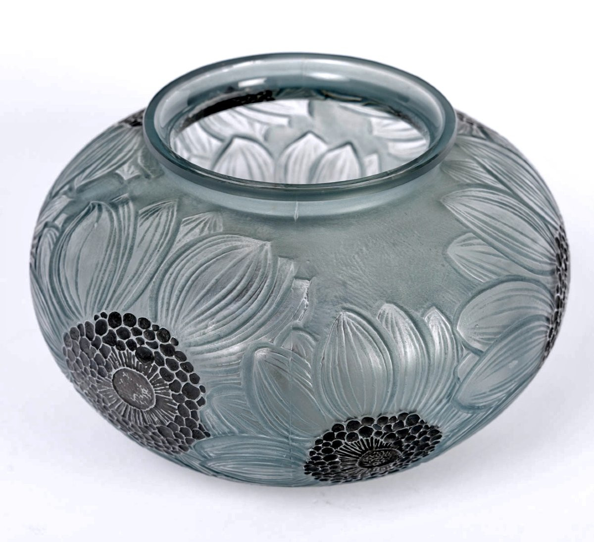 1923 René Lalique - Vase Dahlias Verre Blanc Emaillé Noir et Patiné Bleu Gris-photo-2