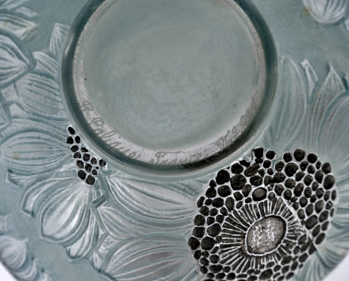 1923 René Lalique - Vase Dahlias Verre Blanc Emaillé Noir et Patiné Bleu Gris-photo-1