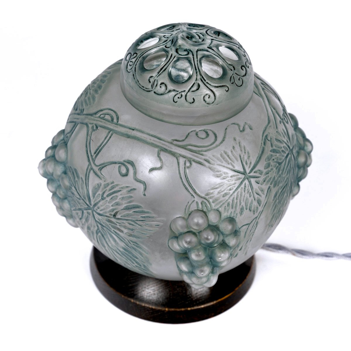 1921 René Lalique - Lampe Brûle-Parfums Raisins Verre Blanc Patiné Bleu Gris-photo-3