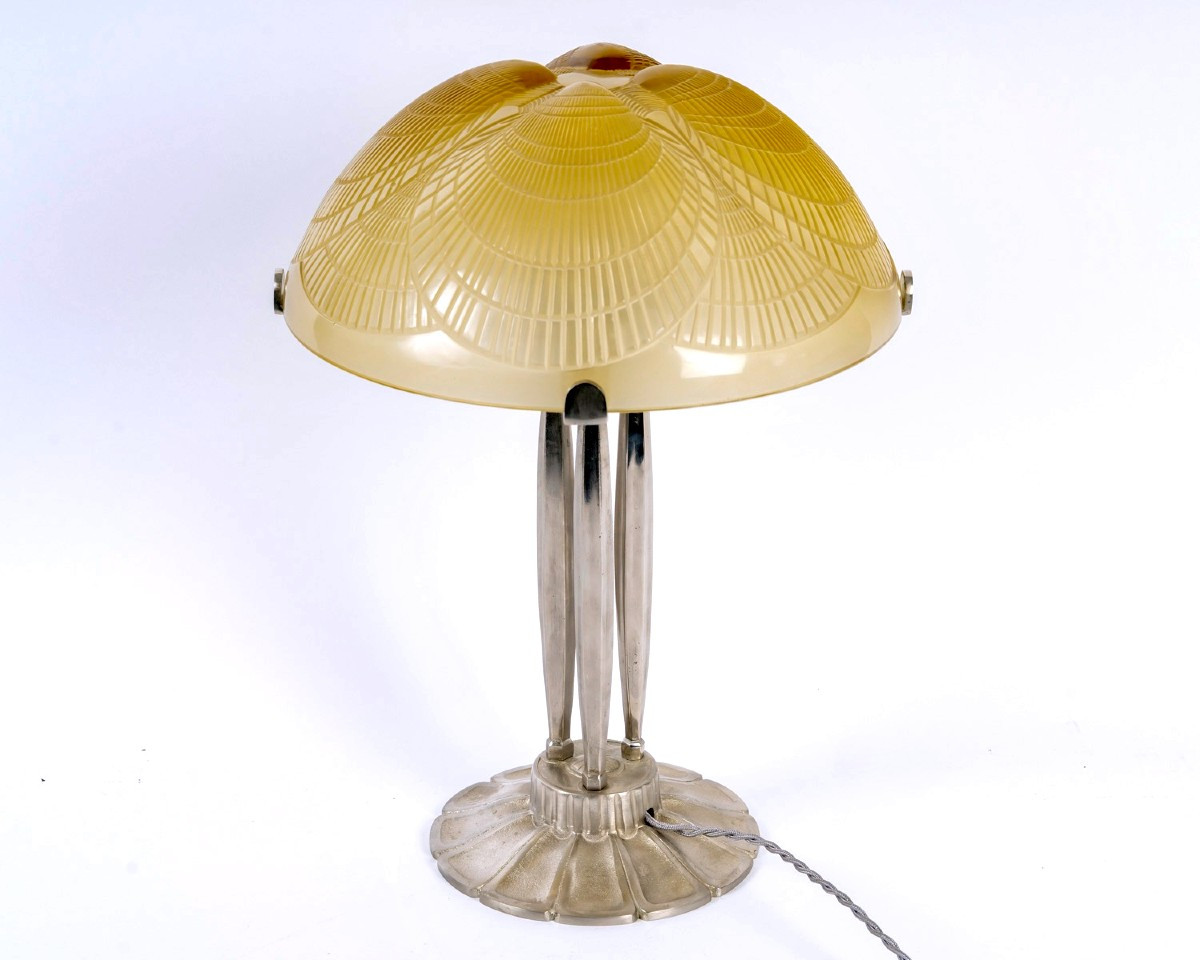1924 René Lalique - Lamp Coquilles Shell Yellow Amber Glass-photo-2