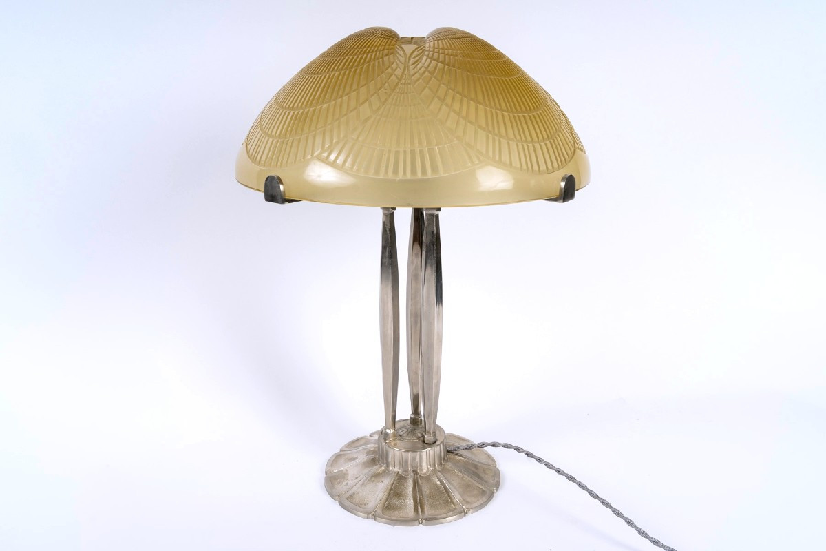 1924 René Lalique - Lamp Coquilles Shell Yellow Amber Glass-photo-3