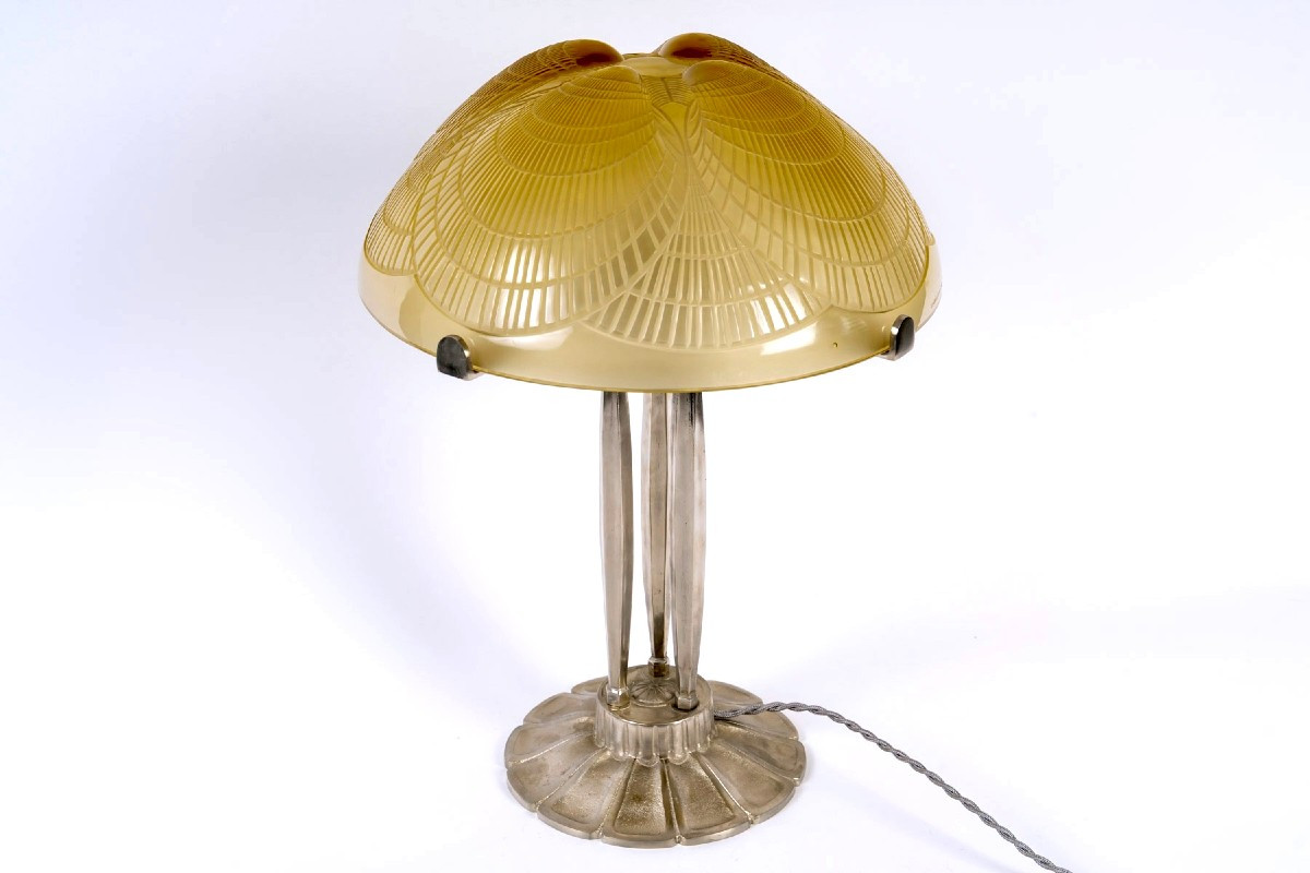 1924 René Lalique - Lamp Coquilles Shell Yellow Amber Glass-photo-4