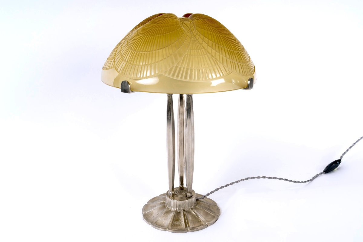1924 René Lalique - Lamp Coquilles Shell Yellow Amber Glass-photo-1