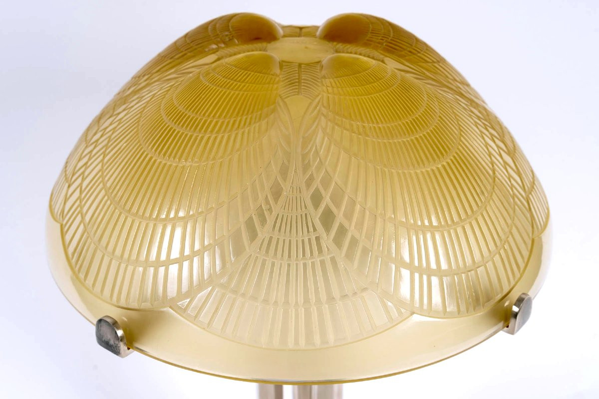 1924 René Lalique - Lamp Coquilles Shell Yellow Amber Glass-photo-2