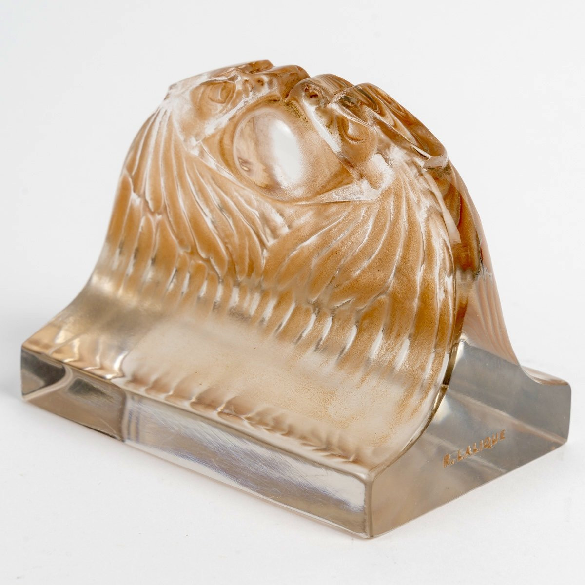 1914 René Lalique - Paperweight Deux Aigles Two Eagles Glass With Sepia Patina-photo-3