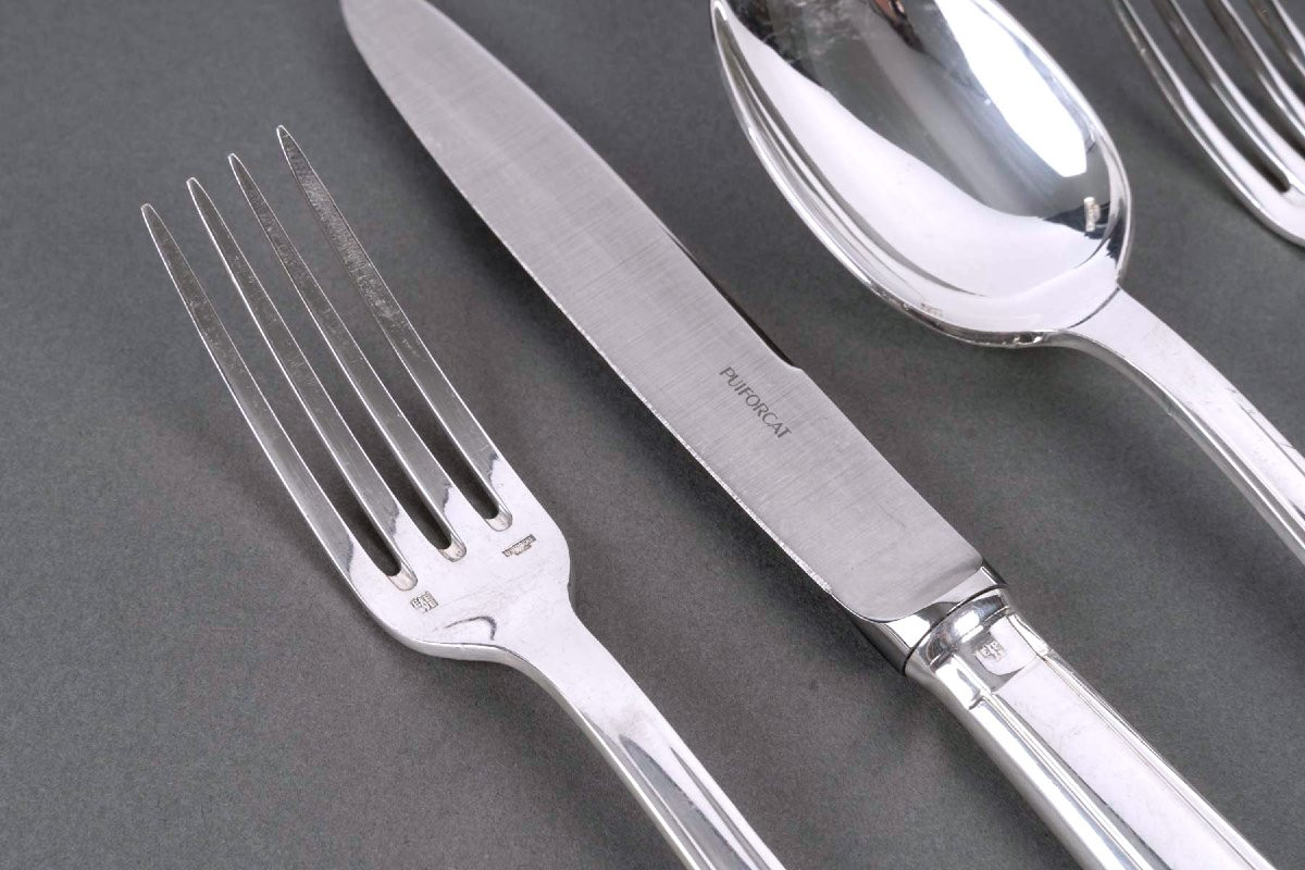 Puiforcat - Art Deco Cutlery Flatware Set Papyrus Cyperus Silver Plated Metal - 80 Pieces-photo-2
