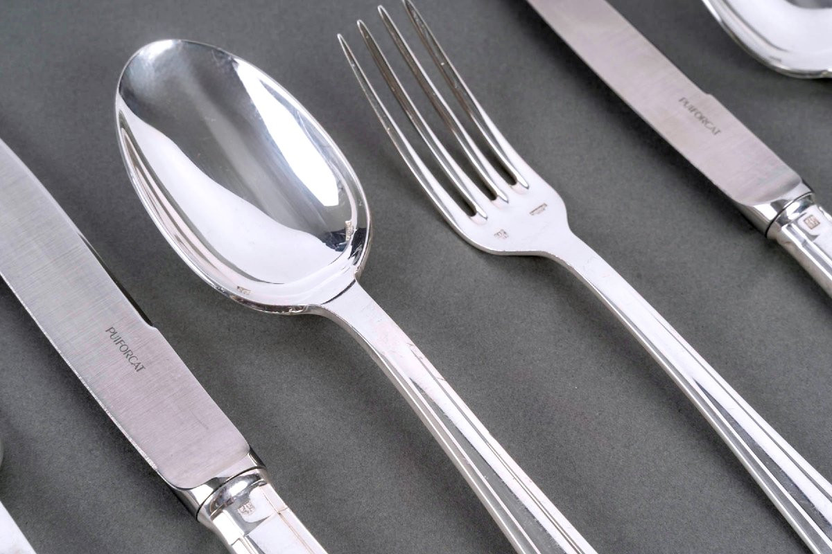 Puiforcat - Art Deco Cutlery Flatware Set Papyrus Cyperus Silver Plated Metal - 80 Pieces-photo-3