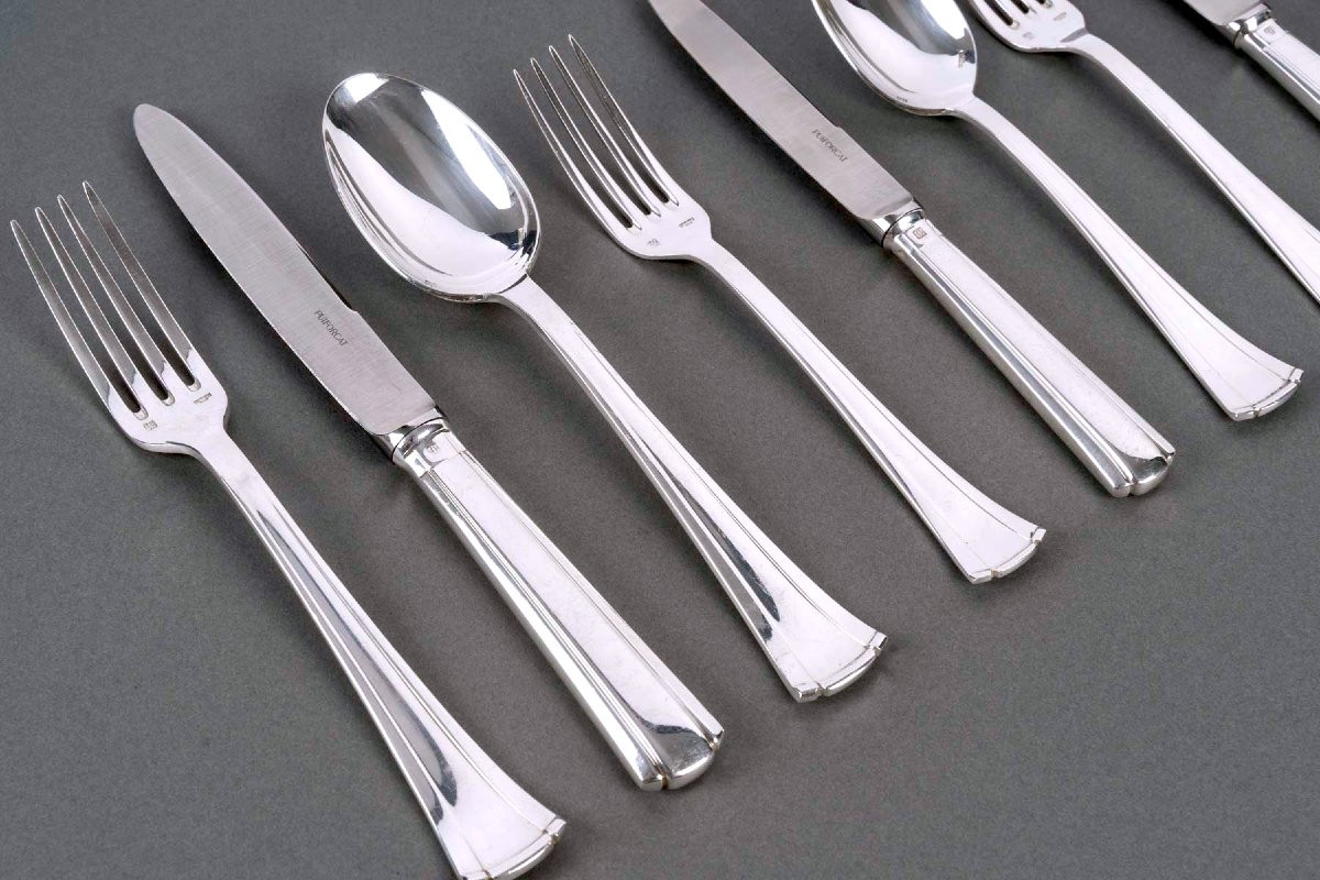 Puiforcat - Art Deco Cutlery Flatware Set Papyrus Cyperus Silver Plated Metal - 80 Pieces-photo-2